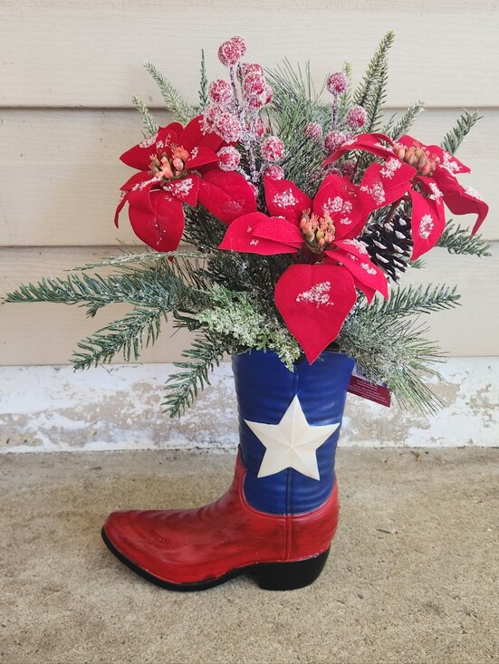 St. Nicholas Square Other - Festive Texas Cowboy Boot Faux Poinsettia Pine Bouquet Christmas Decor
